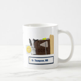 Doktorpersonligen stoppa i fickan muggen kaffemugg