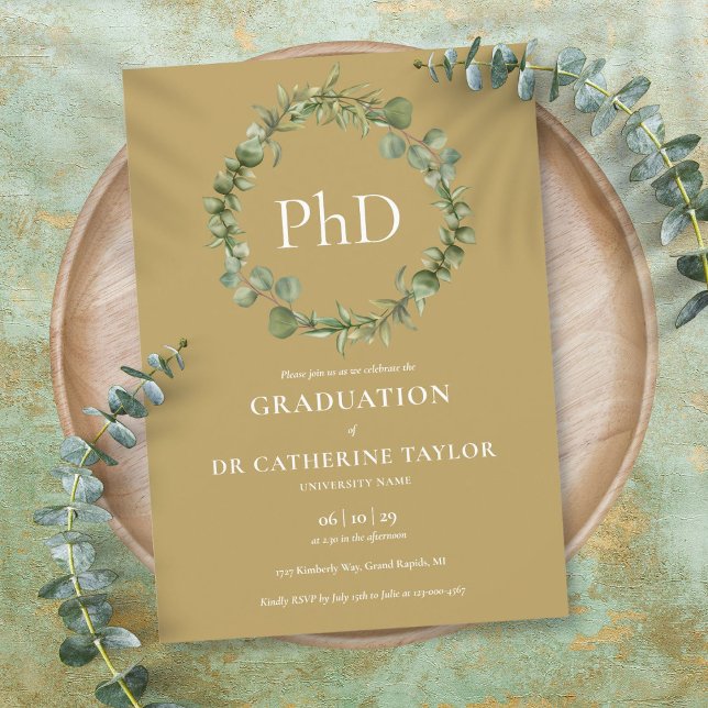Doktorsexamen Guldkrans Examen Fest Inbjudningar (PhD Degree Gold Garland Graduation Party Invitation)