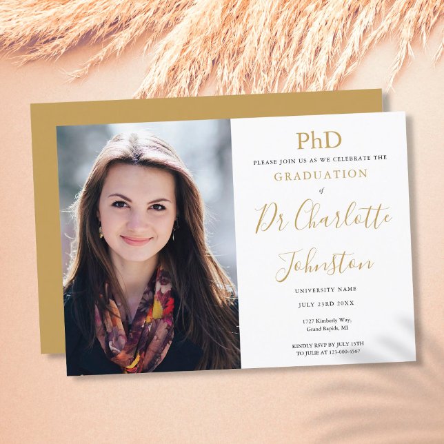 Doktorsexamen Guldskript Examen Fest Foto Inbjudningar (PhD Degree Gold Script Graduation Party Photo Invitation)