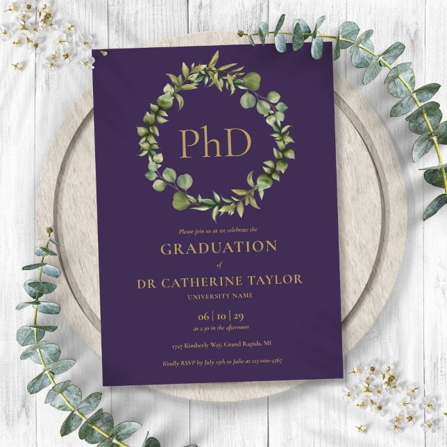 Doktorsexamen Lila krans Examen fest Inbjudningar (PhD Degree Purple Garland Graduation Party Invitation)