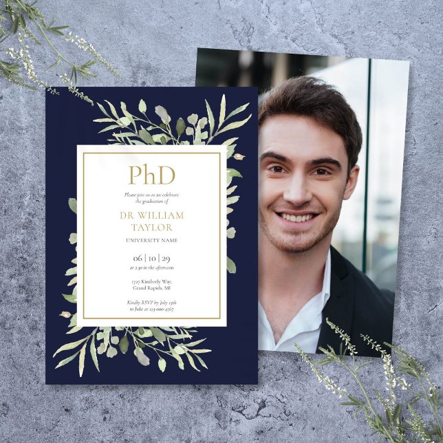 Doktorsexamen Navy Blue Greenery Foto Examen Inbjudningar (Phd Degree Navy Blue Greenery Photo Graduation Invitation)