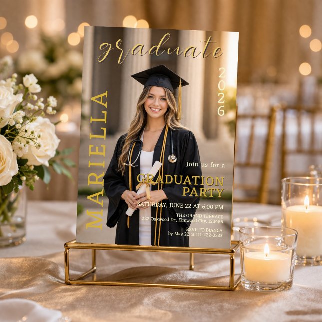 Doktorsexamens fotofest-inbjudan inbjudningar (Elegant doctor graduation photo invite with soft gold details and modern layout.)