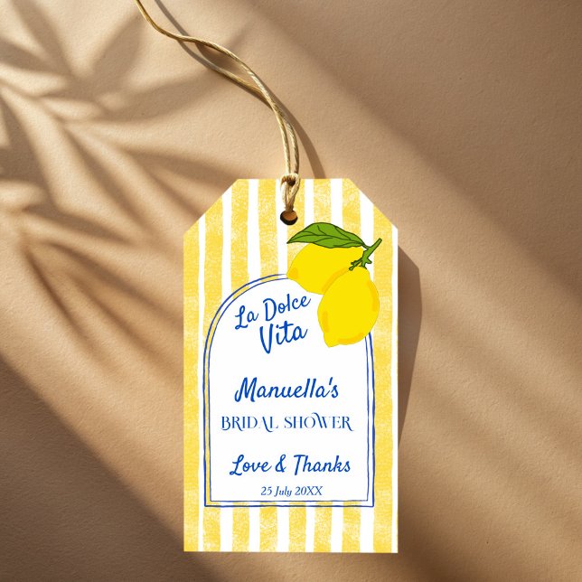 Dolce vita gula citron italiensk bröllopsdusch presentetikett (Dolce vita yellow stripes Lemons retro Italian bridal shower personalized favor Gift Tags)