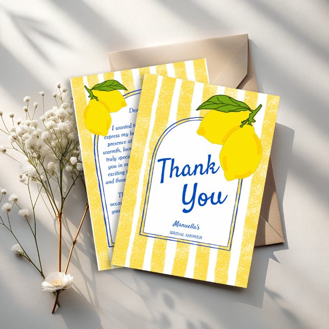 Dolce vita gula citron italiensk bröllopsdusch tack kort (Dolce vita handrawn yellow stripes Lemons Italian bridal shower Thank You Cards)