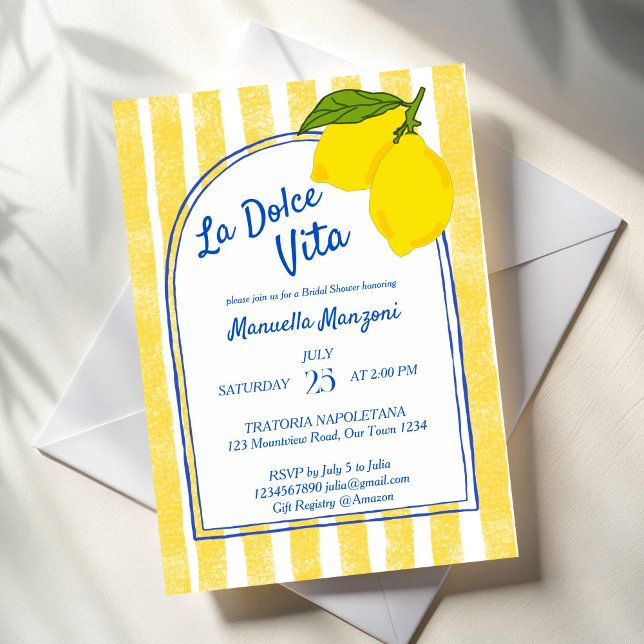 Dolce vita gult Lemons Italienska möhippan Inbjudningar (Dolce vita yellow stripes Lemons Italian bridal shower Invitation template instant download)