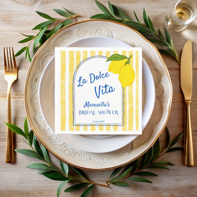 Dolce vita gult Lemons Italienska möhippan Pappersservett (Dolce vita retro yellow stripes Lemons vintage Italian bridal shower monogrammed Napkins )