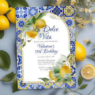 Dolce Vita Italienska Blue Guld Tiles Lemons Birth Inbjudningar