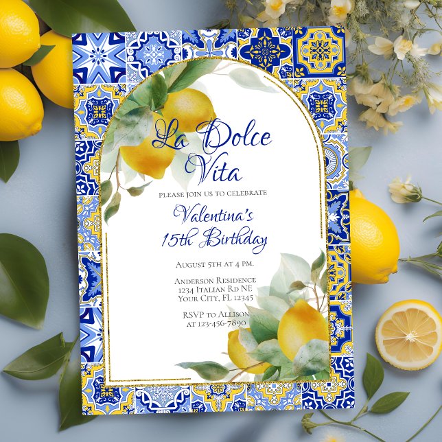 Dolce Vita Italienska Blue Guld Tiles Lemons Birth Inbjudningar (Skapare uppladdad)