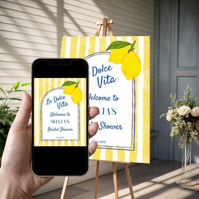 Dolce vita Lemons Italienska möhippan välkommen Poster (Dolce vita yellow stripes Lemons retro Italian bridal shower personalized welcome sign Poster)