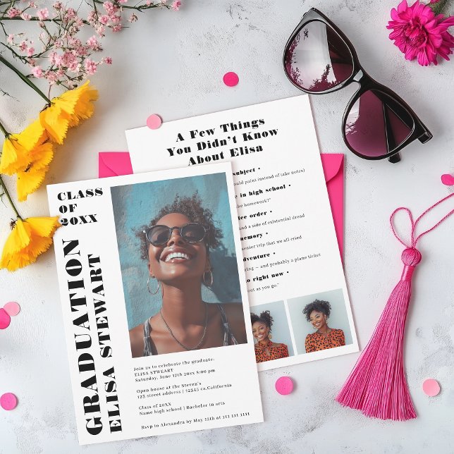 Dold Black and White Modern 4 foton Studenten Inbjudningar (Bold Black and White Modern 4 photos Graduation Invitation)