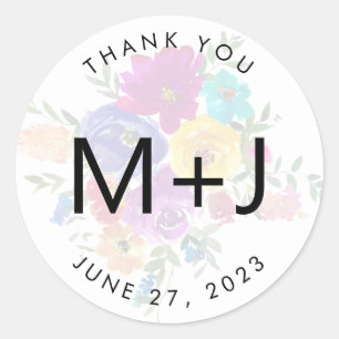 Dold Blommigt - överlägg med Monogram Bröllop Tack Runt Klistermärke