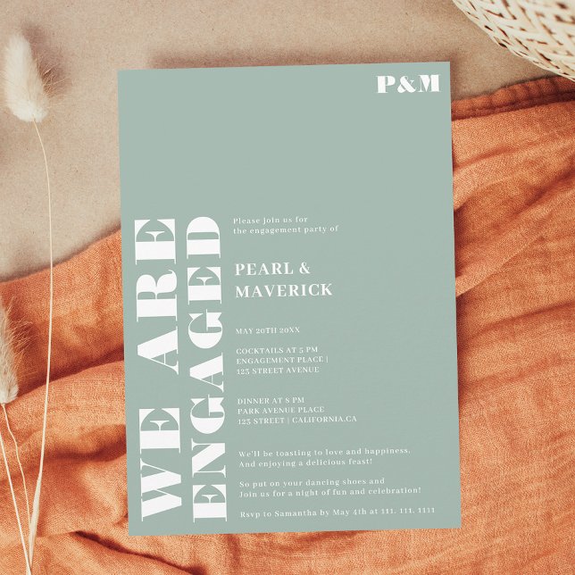 Dold, enkel dammig grönt bröllop förlovningsfest inbjudningar (Bold simple dusty green wedding engagement party invitation)