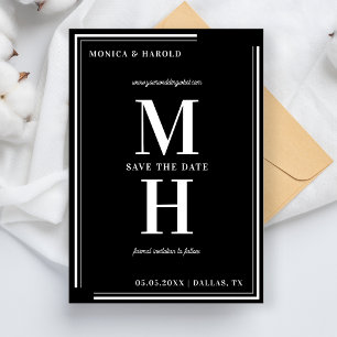 Dold, minimalistisk Monogram Black & White Bröllop Spara Datumet