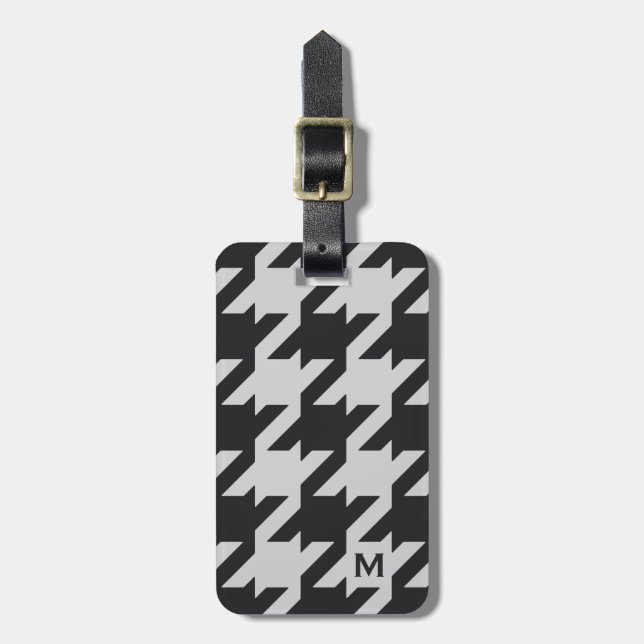 Dold modern grått-svart houndstooth med monogram bagagebricka (Vertikal Framsida)