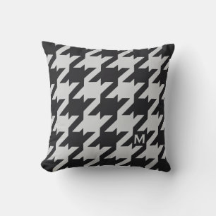 Dold modern grått-svart houndstooth med monogram kudde