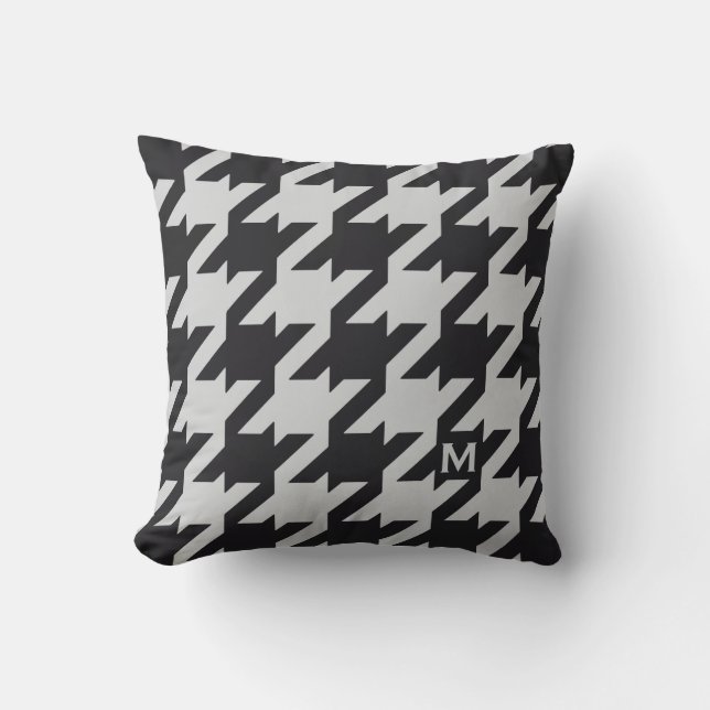 Dold modern grått-svart houndstooth med monogram kudde (Framsida)