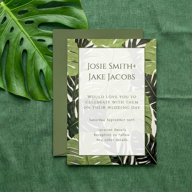 Dold & Modern Grönt Jungle Löv Bröllop Inbjudati Inbjudningar (Bold & Modern Green Jungle Leaves Wedding Invitation.)