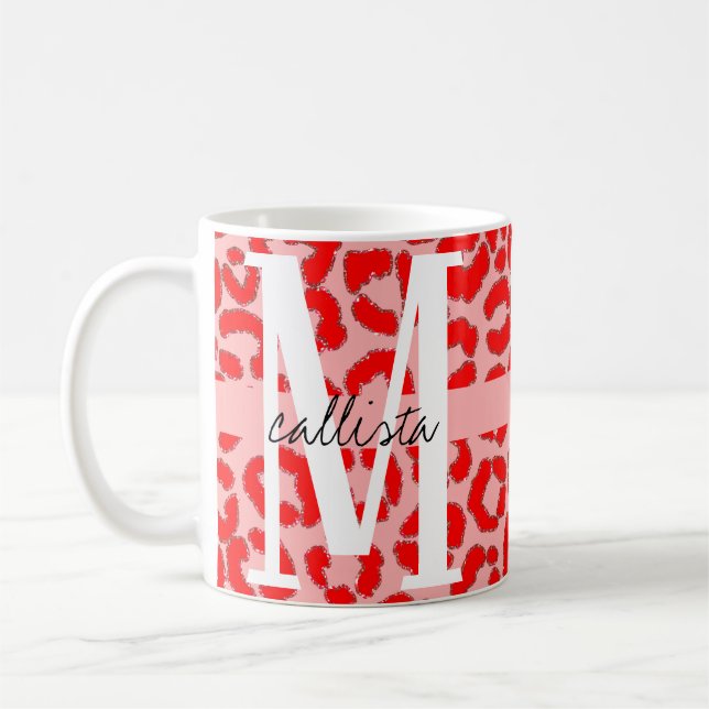 Dold Modern Red Rosa Leopard Animal Print Monogram Kaffemugg (Vänster)
