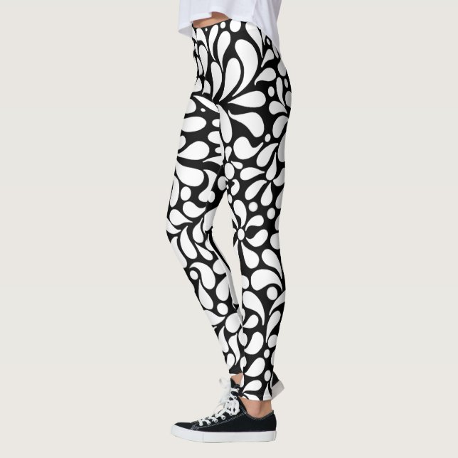 Dold modern vit blomma i svart bakgrund leggings (Vänster)