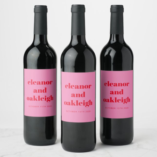 Dold Rosa och Red Modern Bröllop Anpassningsbar Vinflaska Etikett (Flaskor)