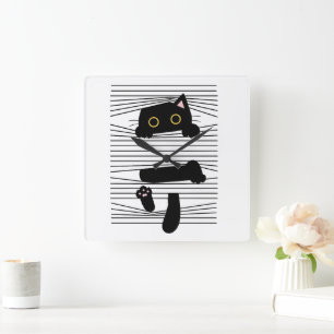 Dold svart katt Söt rolig minimalistisk djur kärle Fyrkantig Klocka