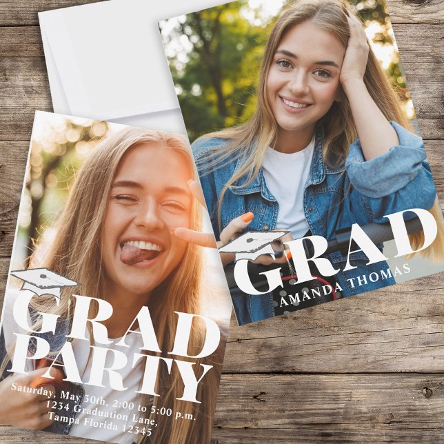 Dold typografi för den moderna fotomallen Student Inbjudningar (Graduation photo invitation with bold modern typography and a 2-photo template. )