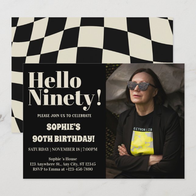 Dold Typography Black Modern nittio 90:e födelseda Inbjudningar (Fram/baksida)