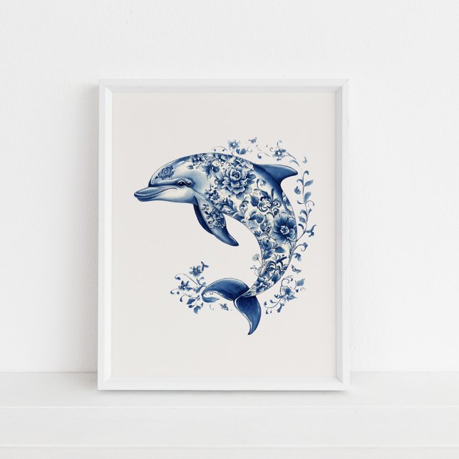 Dolfin - Kustblått på Beige Wall Art Poster (Dolphin – Coastal Blue on Beige Wall Art in a white frame on the floor.)