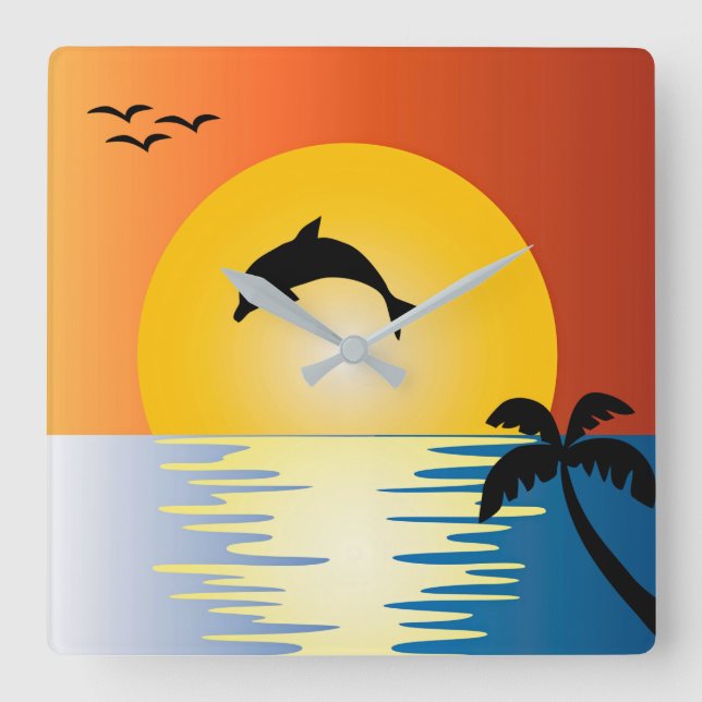 DOLFIN SILHOUETTE VID SUNSET SQUARE WALL CLOCK FYRKANTIG KLOCKA (Framsida)