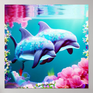 Dolfiner och Blommigt under vatten Poster