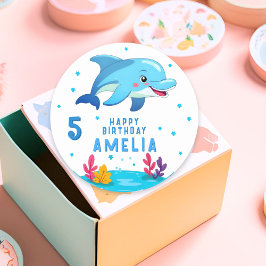 Dolfintjur i Cute Sea Animals Födelsedag Runt Klistermärke
