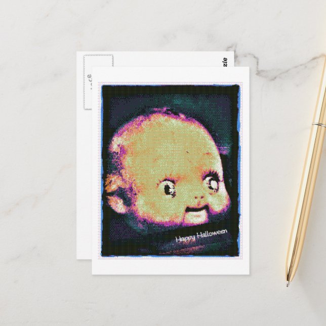 Doll Head 8 Bit Glitch Halloween Vykort (Fram/Back In Situ)