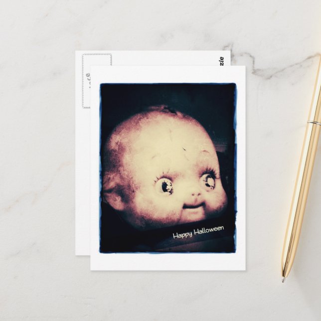 Doll Head Halloween Vykort (Fram/Back In Situ)