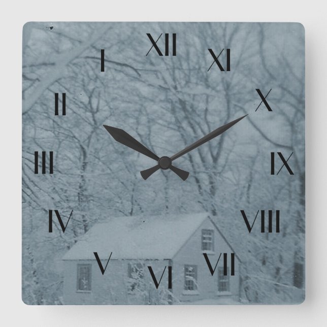 Doll House i Snö Storm Backward Clock Fyrkantig Klocka (Framsida)