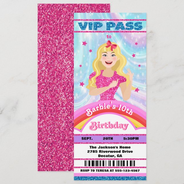 Doll Rosa Glitter Movie Star VIP biljett Birthday Inbjudningar (Fram/baksida)