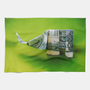 Dollar bill origami Elephant på Gröntens bakgrund Kökshandduk