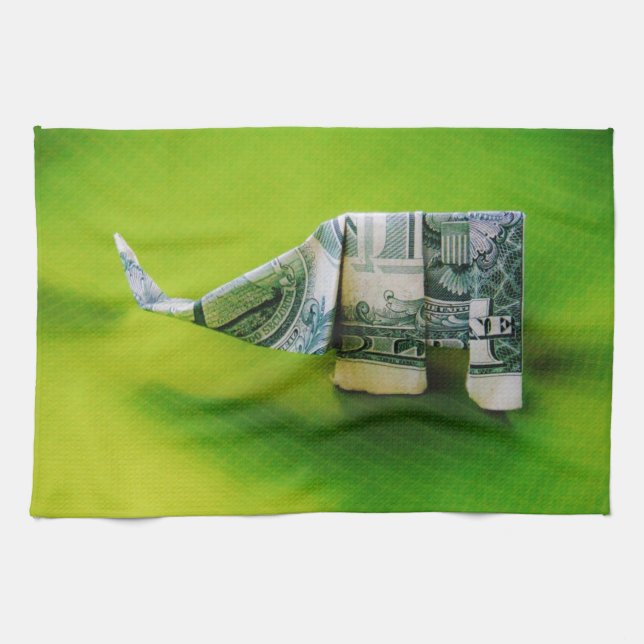 Dollar bill origami Elephant på Gröntens bakgrund Kökshandduk (Horisontell)