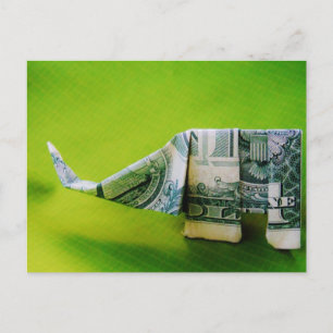 Dollar bill origami Elephant på Gröntens bakgrund Vykort