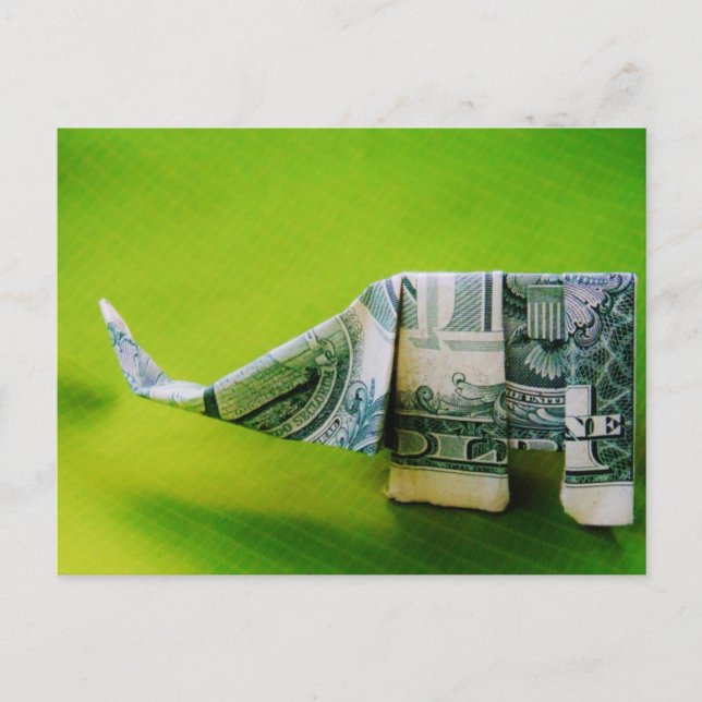 Dollar bill origami Elephant på Gröntens bakgrund Vykort (Framsida)