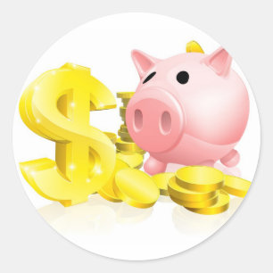 Dollaren undertecknar piggy packar ihop runt klistermärke