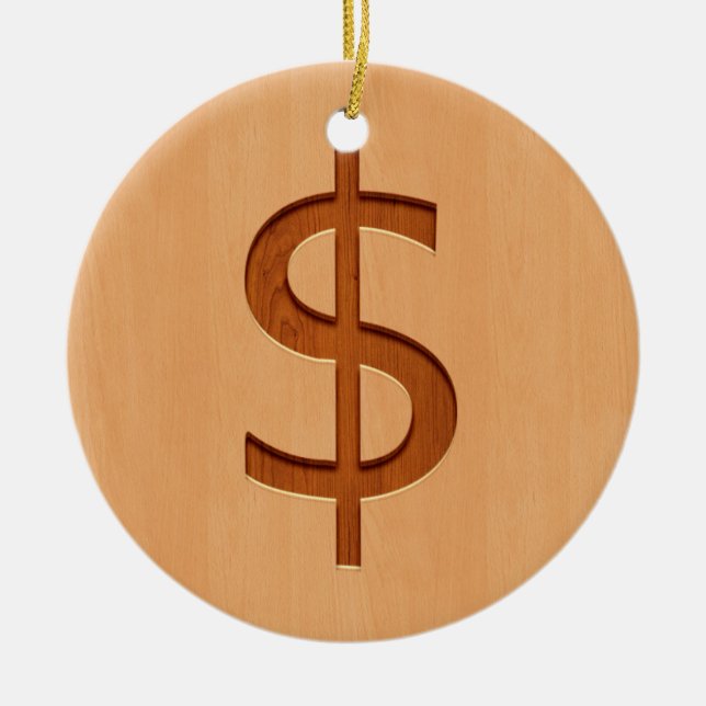 Dollarsymbol som inristas på den wood designen julgransprydnad keramik (Framsidan)