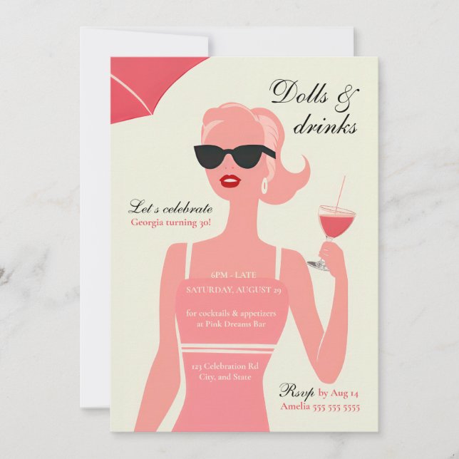 Dolls och Drinks 30års födelsedag Cocktail Party Inbjudningar (Framsida)