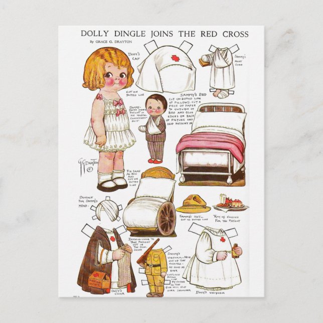 Dolly Dingle Går med Red Kor Nursing PaperDoll Vykort (Framsida)
