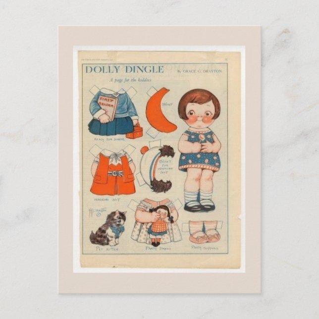 DOLLY DINGLE PAPPER DOLL POSTCARD VYKORT (Framsida)