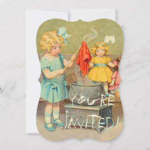 Dolly Tvätt Girl Vintage spelar Dolls Cute Inbjudningar