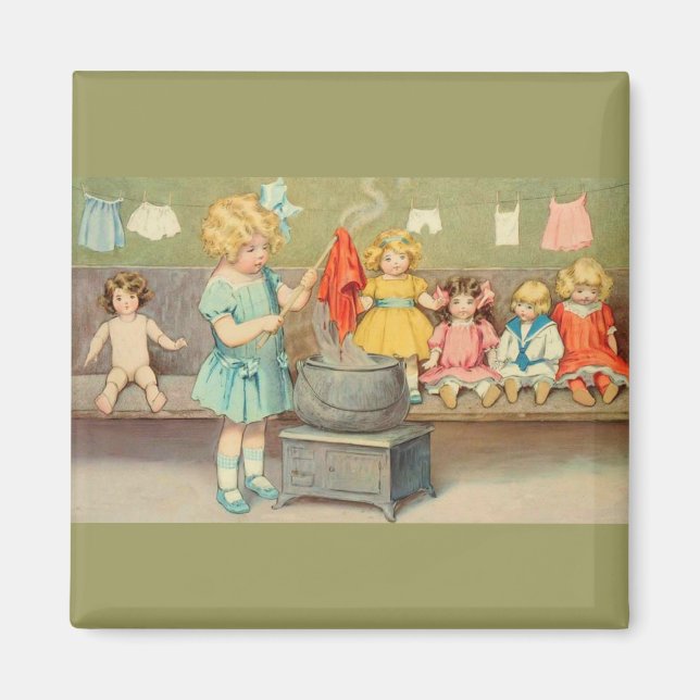Dolly Tvätt Girl Vintage spelar Dolls Cute Magnet (Framsidan)