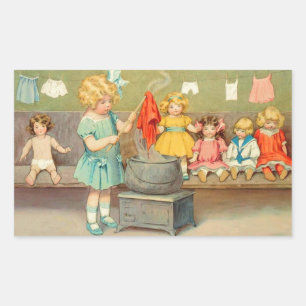 Dolly Tvätt Girl Vintage spelar Dolls Cute Rektangulärt Klistermärke
