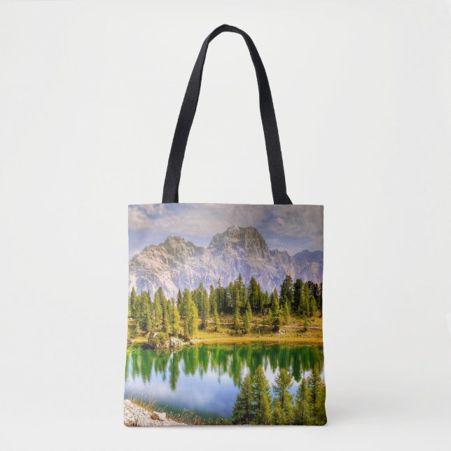 Dolomitbergen och sjö fantastisk landskap tygkasse (Framsida)