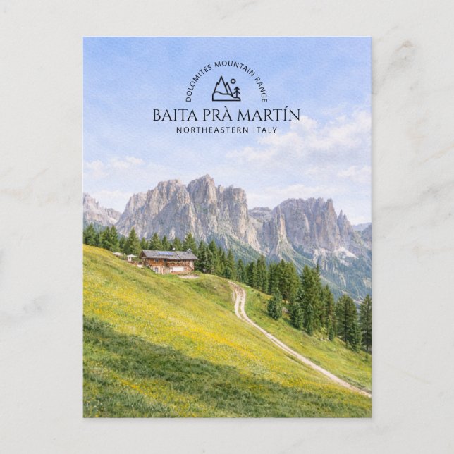 Dolomiter Alpin stuga akvarell natur landskap Helg Vykort (Framsida)