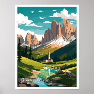 Dolomites Alpernas Italien Travel Vintage illustra Poster